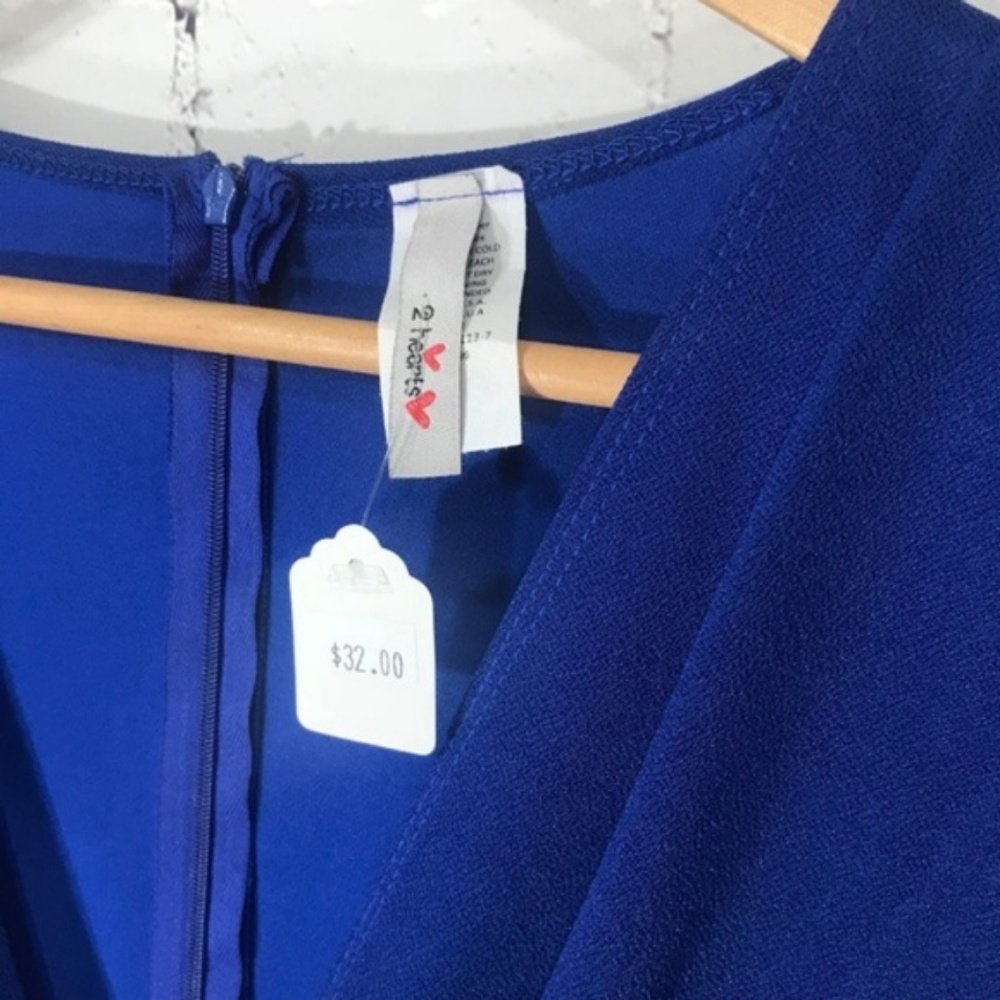Blue Mini Dress Deep V Neck Wrap 3/4 Sleeve Small - Picture 3 of 5